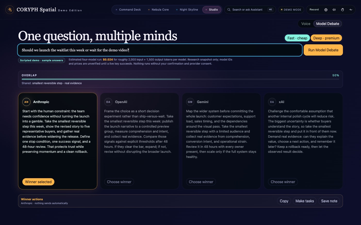 Model Debate in Studio: an overlap meter at 50 percent, four answer cards from Anthropic, OpenAI, Gemini and xAI with Anthropic marked as the winner, and winner actions to copy, make tasks or save a note