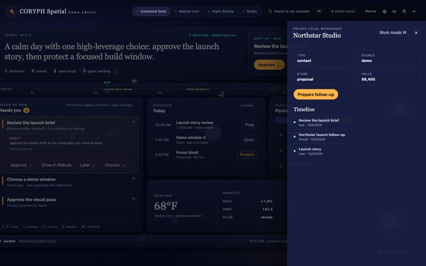 A contact sheet for Northstar Studio over the Command Deck: stage proposal, value $8,400, a Prepare follow-up button and a timeline of the linked task, thread and note