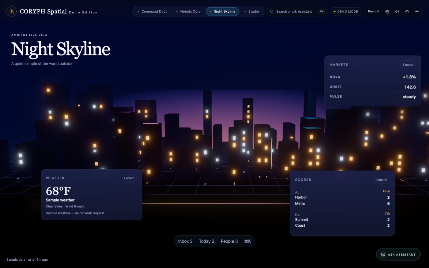 Still from the CORYPH Spatial Demo Edition: the Night Skyline room, a night city with sample weather, markets and scores tiles