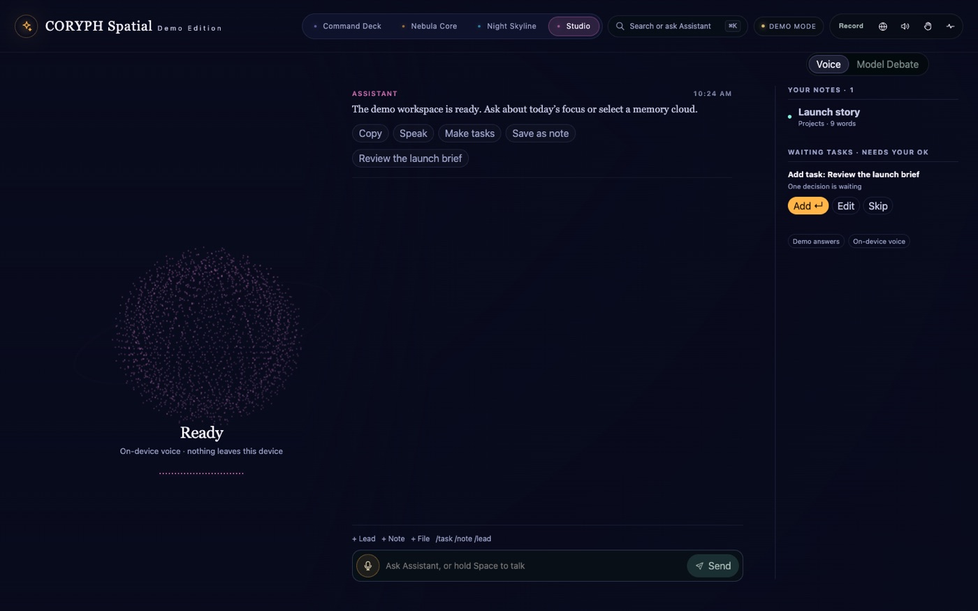 Studio: a soft particle core marked Ready, the conversation with Copy, Speak, Make tasks and Save as note, and a side panel of notes and waiting tasks