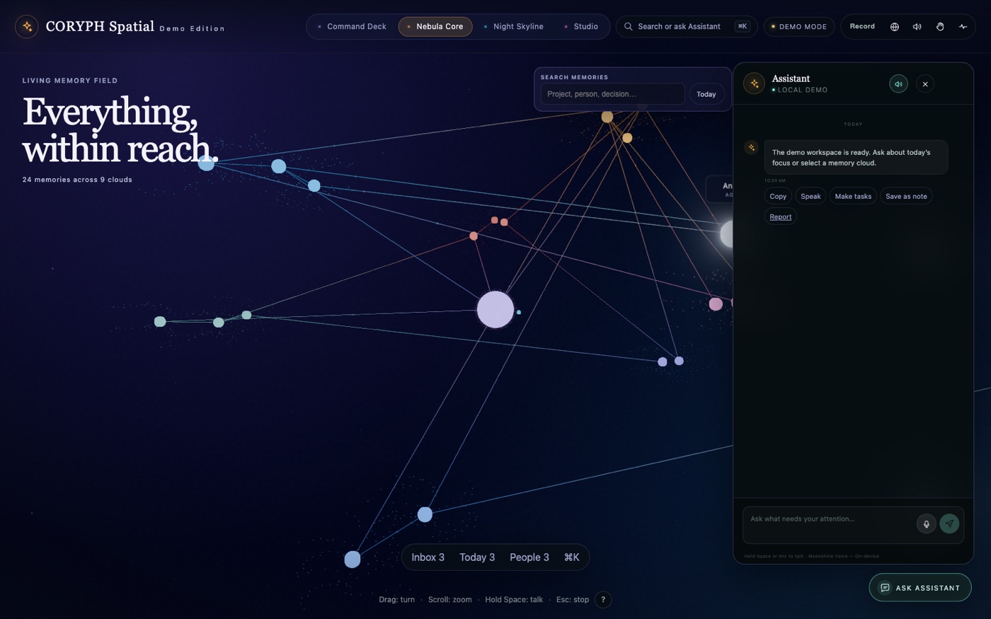 Nebula Core with the chat panel open and ready: hold Space or the mic to talk, with Moonshine Voice running on-device